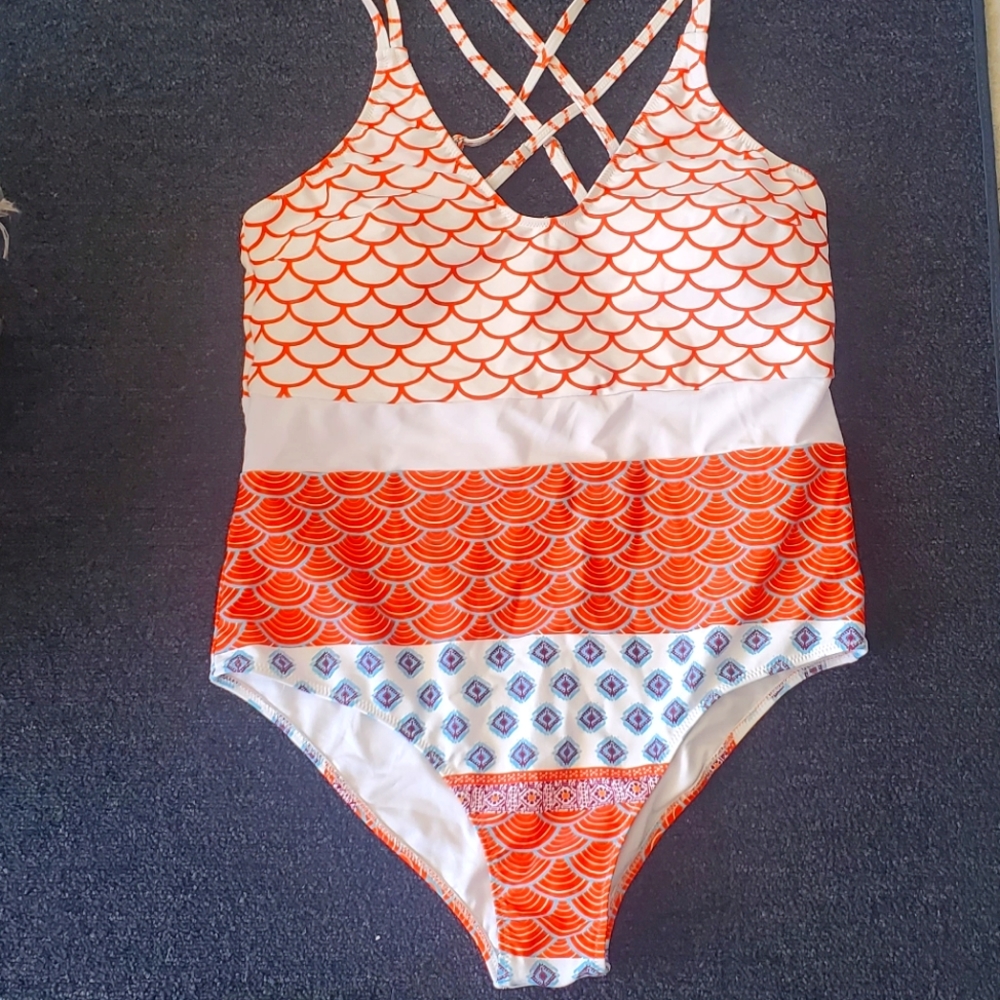 Cupshe one piece bathing suit, OX, orange~white~blue